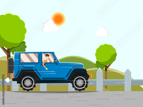 Fototapeta Naklejka Na Ścianę i Meble -  young man driving on the road In a public space with a smile. A man's holiday drive with roads and natural trees. Vector illustration cartoon style for lifestyle in vacation, relax happy times . Life