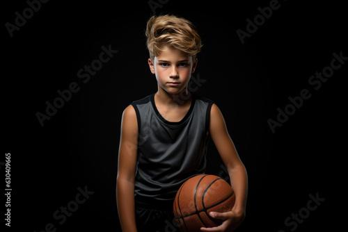 Concentrated Boy Basketball Player Standsa Black Background . Black Backgrounds In Sports Photos, Concentrated Athletes Captured, Basketball Player Stands Out, Focus On Performance
