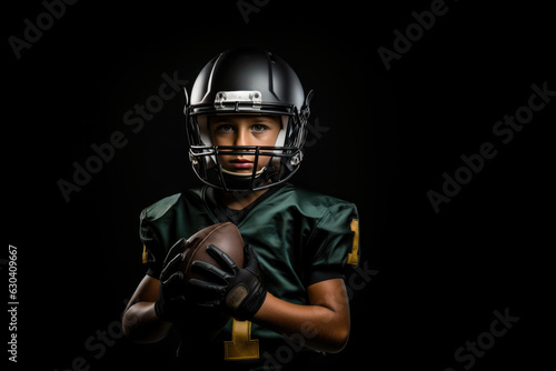 Concentrated Boy American Football Player Standsa Black Background . American Football And The Black Community, Concentration And Success, Breaking Barriers In American Football