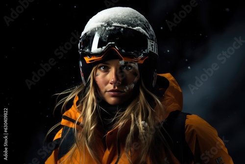 Concentrated Woman Skier Standsa Black Background . Confident Skiing  Women In Sports  Unapologetic Force  Challenging Stereotypes  Empowering Sportswear  Female Athletes  Style On The Slopes