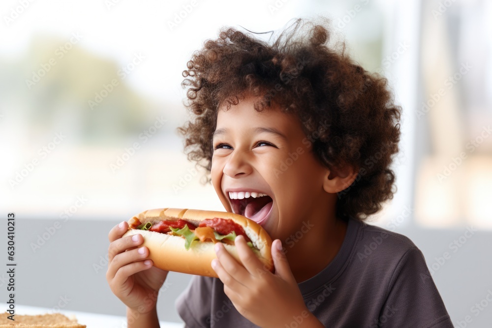 Side View A Happy Indian Boy Eating A Hot Dog . Family Tradition, Desi Cuisine, Fast Food, Quality Time, Ethnic Food, Comfort Foods, Street Food, Childhood Memories