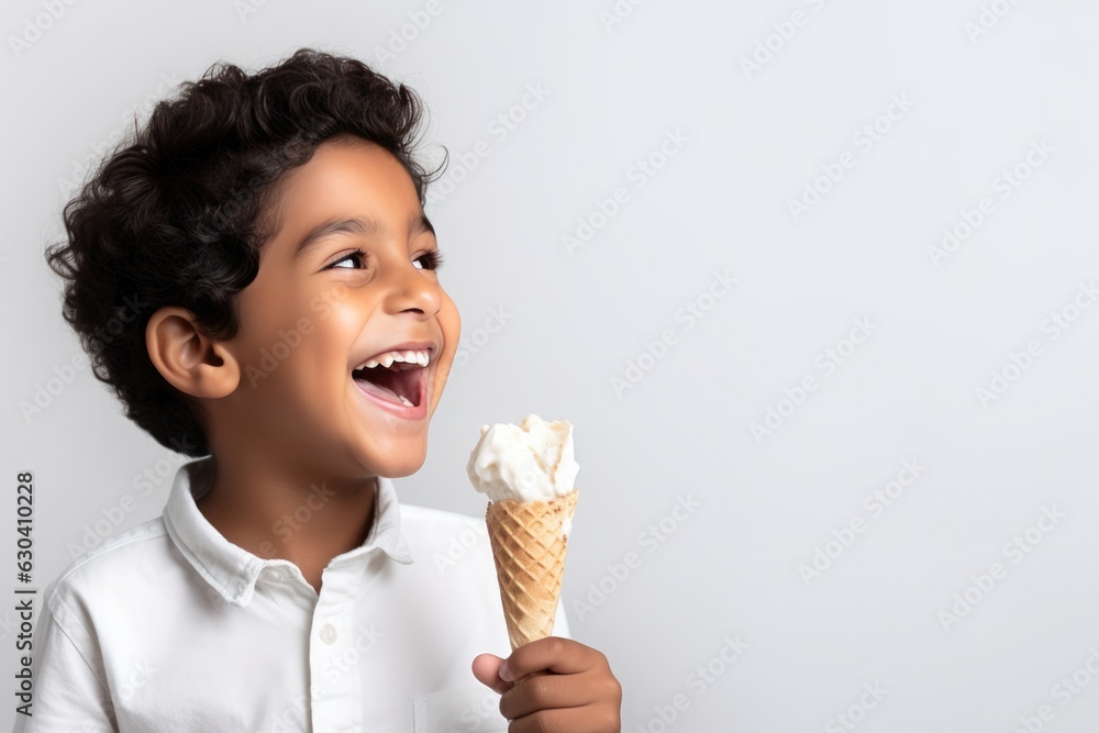 Side View A Happy Indian Boy Eating Ice Cream . Variety Of Indian