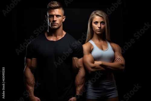 Boy And Girl Powerlifter Standsa Black Background . Boy And Girl Powerlifting, Black Background, Strength Endurance, Achievement Determination, Gender Equality, Fit Lifestyles, Sports Exercise