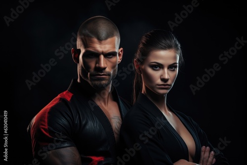 Man And Women Martial Artist Standsa Black Background . Man And Women Martial Artist, Martial Arts Techniques, Clothing Styles, Strength And Flexibility, Health Benefits, Black Background photo
