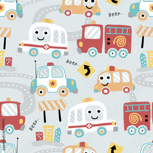Seamless pattern vector of funny rescue vehicles cartoon with traffic elements © Bhonard21