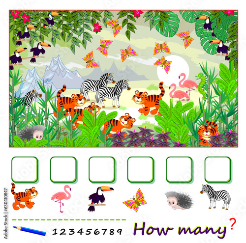 Mathematical education for children. How many animals can you find in the jungle? Count the quantity and write the numbers. Kids activity sheet. Educational puzzle game. Vector cartoon illustration.