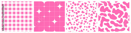 Set of Vector Seamless Pattern in Pinkcore Style. Pink Backgrounds with Checkers, Stars, Hearts and Abstract Geometric Shapes. Y2k Textures