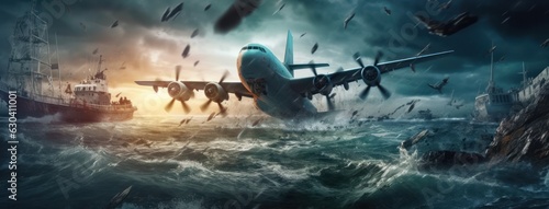 Military Aircraft and Freighter on Stormy Seabed - Photorealistic Urban Scene