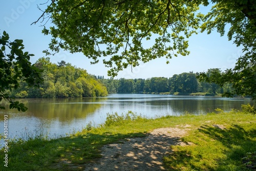 Fototapeta Naklejka Na Ścianę i Meble -  Tranquil lake surrounded by lush greenery. Bolton, UK.