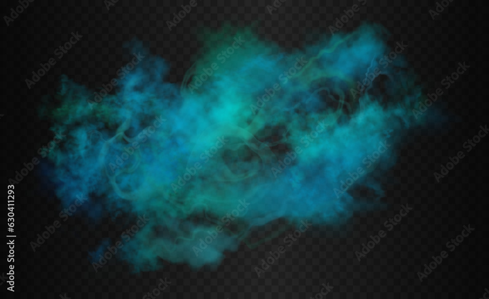 Ocean blue, teal, cobalt, azure, lapis colorful smoke cloud. Vector realistic water mist isolated on the semi transparent dark background.