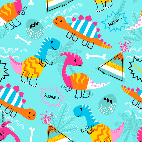 Seamless pattern vector of cute dinosaurs doodle cartoon