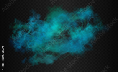 Ocean blue, teal, cobalt, azure, lapis colorful smoke cloud. Vector realistic water mist isolated on the semi transparent dark background.