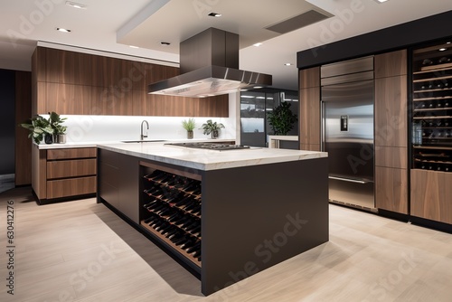 Contemporary Kitchen With Waterfall Countertop And Statement Lighting. Generative AI