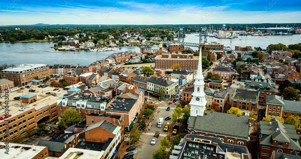 Aerial view of historic buildings around Downtown Portsmouth in New Hampshire in the fall