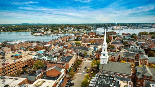 Aerial view of historic buildings around Downtown Portsmouth in New Hampshire in the fall