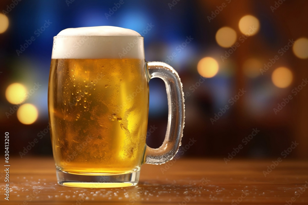 A mug of cold beer with foam on the table in pub, beautiful bokeh on the background, close up shot with copy space.