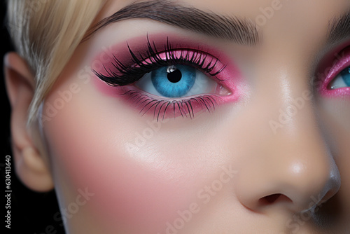 Girly face make up with pink eye shadow in trendy barbiecore style. Pinkcore photo