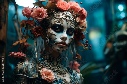 A girl with a skeleton makeup and colorful flowers in hair.