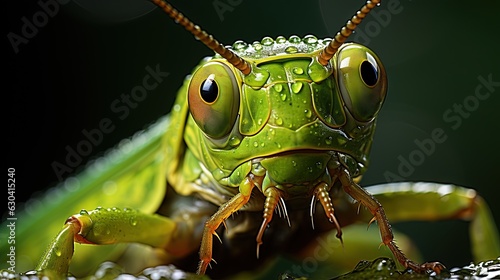  a close up of a grasshopper with drops of water on its face. generative ai