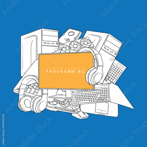 Computer parts in doodle art design for computer day or programming day template design