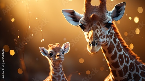  a baby giraffe standing next to an adult giraffe.  generative ai