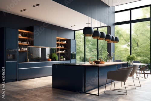 Modern Luxury - 3D Rendered Dark Blue Kitchen