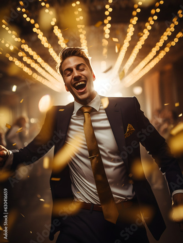 Man dancing in a nightclub, blue light, tuxedo, shirt, formal outfit, afterwork, luxury, vip night, smoke and light effect, man having fun, party in the evening, businessman