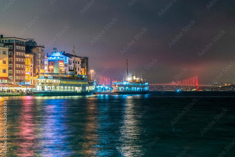View of Karakoy illuminated at night, Istanbul, Turkey
