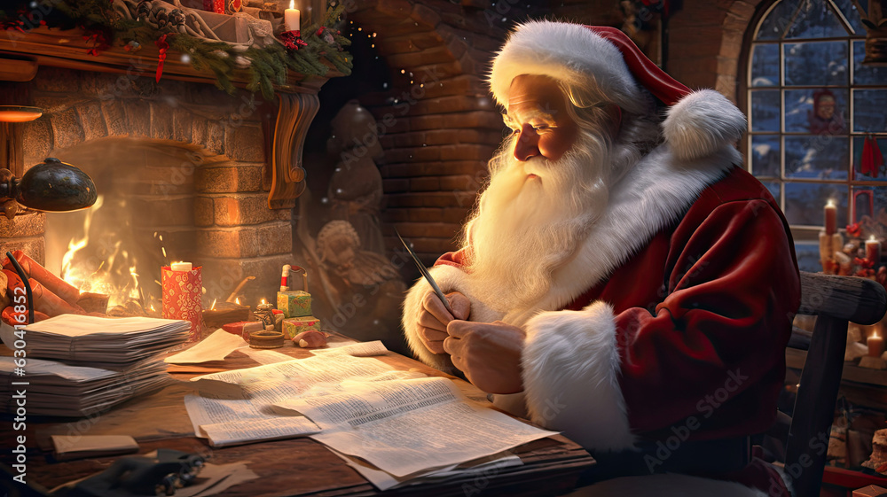 Santa Claus is preparing for Christmas. He writes letters. House of Santa Claus, fireplace and Christmas tree.