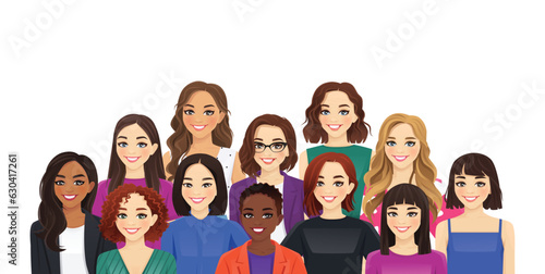 Portrait of multicultural multiethnic group of different smiling casual and business women isolated vector illustration