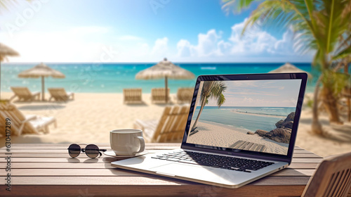 Freelancer's workspace on the beach with the laptop, cup of coffee and sunglasses. For backgrounds, covers, banners, booklets, flyers and other modern projects.