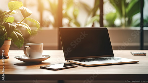 Illustration of freelancer's workspace with an opened laptop, smartphone, cup of coffee and plants.For backgrounds, covers, banners, booklets, flyers and other modern projects.