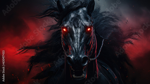 Evil Black Phantom Horse with Red Glowing Eyes Created with Generative AI	