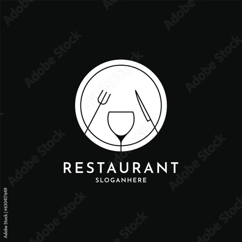 Restaurant logo design with Wine Bottle Spoon Fork Plate Knife