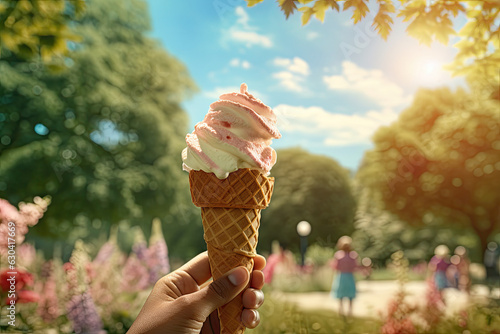Relaxing Park Scene with Ice Cream Cone Created with Generative AI