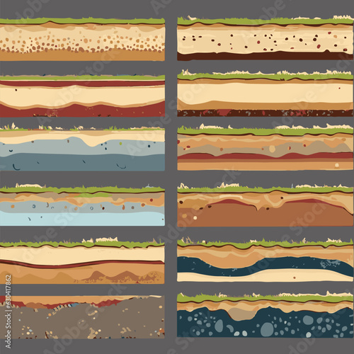 Seamless ground cross sections,layers under earth underground textures set. vector illustrations
