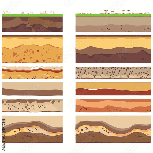 Seamless ground cross sections,layers under earth underground textures set. vector illustrations