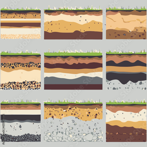 Seamless ground cross sections,layers under earth underground textures set. vector illustrations