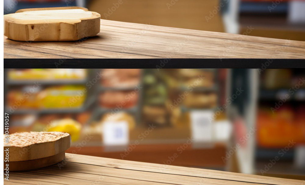 table in a restaurant Design an eye-catching graphic featuring an empty top wooden table with a creatively blurred background of a supermarket. The composition incorporates playful typography and colo