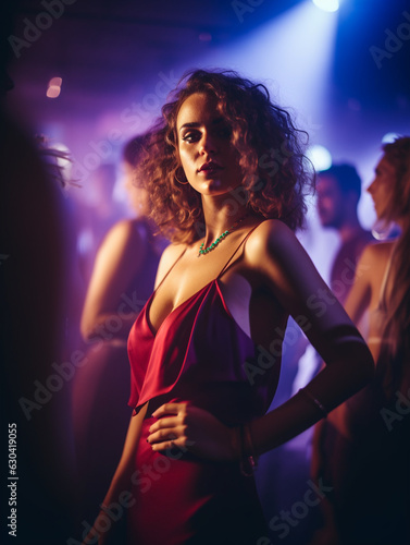 Woman dancing in a nightclub, woman with pink dress, purple light, people having fun, party, alcohol, volumetric lights, portrait of a woman, friends, afterwork party, fancy, luxury, rich people