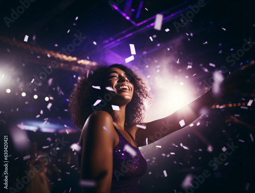Woman dancing in a nightclub, woman with purple dress, people having fun, party, alcohol, volumetric lights, portrait of a woman, friends, afterwork party, fancy, luxury, rich people