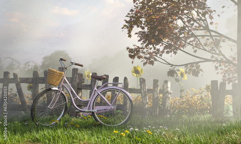 Vintage pastel bicycle with sunflower farm, 3D illustrations rendering