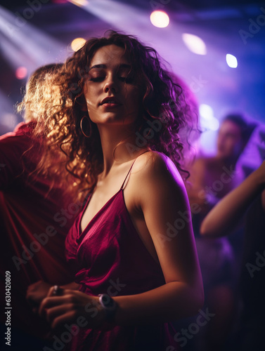 Woman dancing in a nightclub, woman with pink dress, purple light, people having fun, party, alcohol, volumetric lights, portrait of a woman, friends, afterwork party, fancy, luxury, rich people