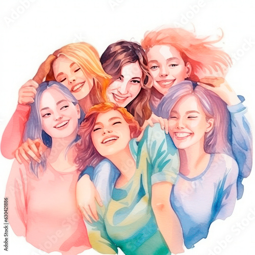 Women of different nationalities and cultures standing together. Women's friendship, union of feminists. The concept of the female's empowerment movement.