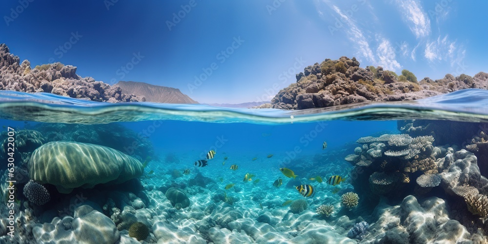 coral reefs with tropical fish near there volcanic island coral reefs with tropical fish near there volcanic island