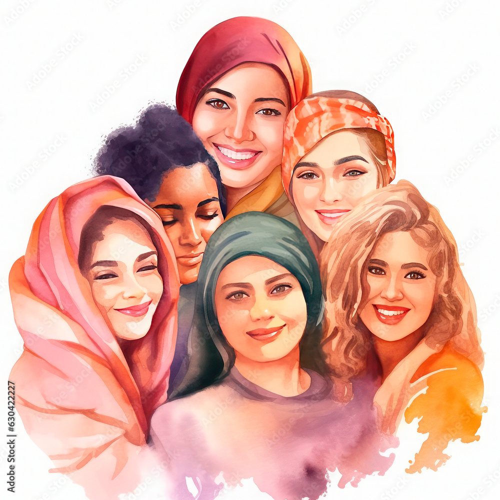Women of different nationalities and cultures standing together. Women's friendship, union of feminists. The concept of the female's empowerment movement.