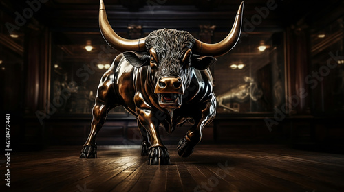 Bullish Stock Market Symbolized by Bronze Bull Statue: Confidence and Growth in Wall Street Investment. Generative Ai. 