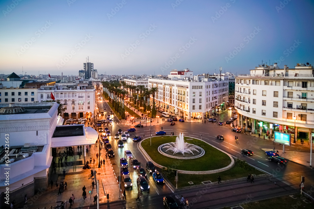 Rabat ville by sunset at Ave Mohammed V, Alawite Square from above, Rabat, Morocco - obrazy, fototapety, plakaty 