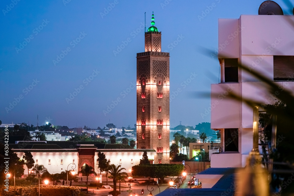 Assouna Mosque in Rabat near the royal palace illuminated at night, Rabat, Morocco