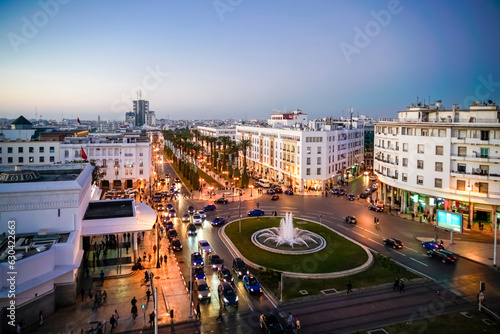 Rabat ville by sunset at Ave Mohammed V, Alawite Square from above, Rabat, Morocco photo
